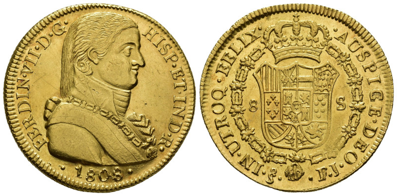 FERNANDO VII. 8 escudos. 1808. Santiago. FJ. AU 26,95 g. 37,97 mm. Grafito y lev...