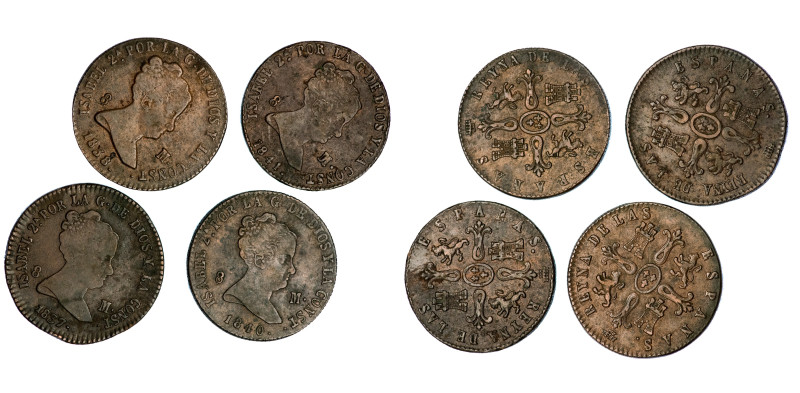 ISABEL II. Lote de 4 piezas de 8 maravedís. Segovia: 1837, 1838, 1840 y 1841. MB...