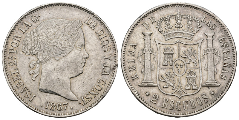 ISABEL II. 2 escudos. 1867. Madrid. AR 25,90 g. 36,9 mm. VI-538. Golpe en canto ...