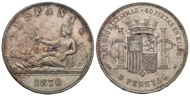 GOBIERNO PROVISIONAL. 5 pesetas. 1870 *18-70. Madrid. SNM. AR 25 g. 37,1 mm. VII-22. EBC+/SC.