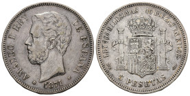 AMADEO I. 5 pesetas. 1871 *18-73. Madrid. DEM. AR 24,75 g. 37,3 mm. VII-34. MBC. Rara.