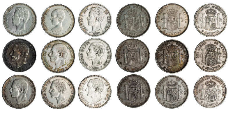 ALFONSO XII. Lote de 9 monedas de 5 pesetas diferentes: Amadeo I (2), Alfonso XI...