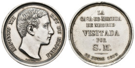 ALFONSO XII. Medalla. Visita a la Casa de la Moneda de Madrid. 28 junio 1875. AR 18,33 g. 33 mm. Limpiada. Leves golpecitos en gráfila. EBC.