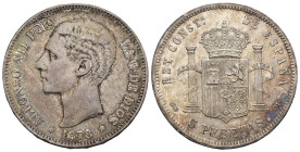 ALFONSO XII. 5 pesetas. 1878*18-78. Madrid. EMM. AR 9,54 g. 37,2 mm. VII-85. Ligera pátina. EBC. Muy escasa en esta conservación.
