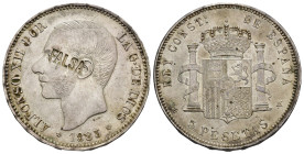 ALFONSO XII. 5 pesetas. 1885*18-87. Madrid. SGV. Resello FALSA.9,90 g. 37,4 mm. EBC-.