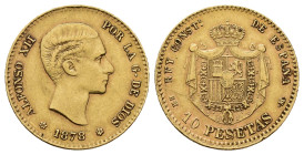 ALFONSO XII. 10 pesetas. 1878*18-78. AU 3,21 g. 19,1 mm. VII-97. Fina raya en rev. MBC.