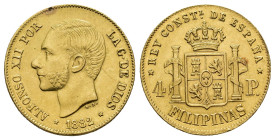 ALFONSO XII. 4 pesos. 1882. Manila. AU 6,71 g. 20,9 mm. VII-101. Pequeña manipulación en la gráfila del anv. a las 11 h y fina raya en anv. EBC. Rara....