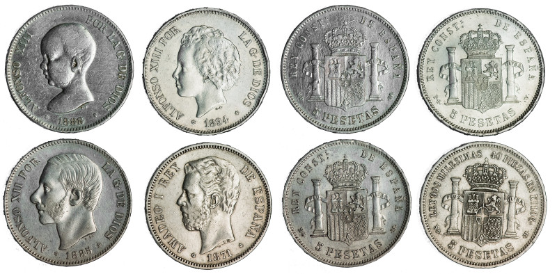 ALFONSO XIII. Lote de 4 piezas de 5 pts.: Amadeo I (1871 *71), Alfonso VII (1885...