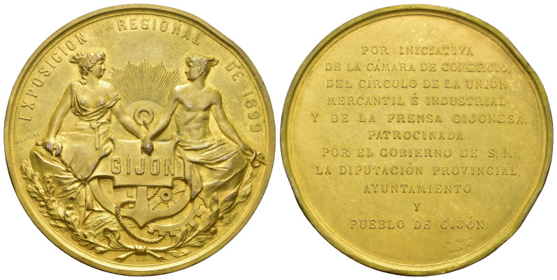 ALFONSO XIII. Medalla. Exposición regional de 1899. Gijón. AE 70,47 mm. Golpes e...