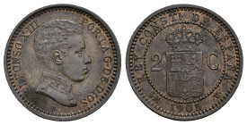 ALFONSO XIII. 5 céntimos. 1905 *05 invertido (50). Madrid. SMV. Cu 2,05 g. 19,9 mm. AC-12. R.B.O. EBC/EBC-. Rara.