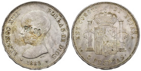 ALFONSO XIII. 5 pesetas. 1889*18-96. Madrid. SGV. Resello FALSA. 25,31 g. 37,3 mm. MBC+.