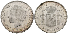 ALFONSO XIII. 5 pesetas. 1892*18-92. Madrid. PGM. AR 24,80 g. 37,4 mm. VII-184. B.O. EBC+.