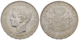 ALFONSO XIII. 1 peso. 1897. Manila. SGV. AR 24,85 g. 37,4 mm. VII-192. Pequeñas marcas. MBC+.