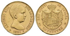 ALFONSO XIII. 20 pts. 1890 *18-90. Madrid. MPM. AU 6,42 g. 21 mm. VII-195. Finas rayitas. Limaduras en canto. EBC-.