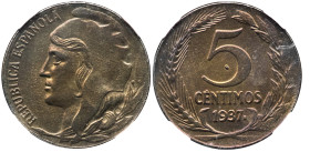 II REPÚBLICA. 5 céntimos. Prueba en cobre. 1937. Similar en VII-206. SC. Encapsulada. Muy rara.