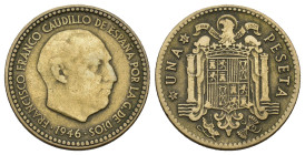 FRANCISCO FRANCO. 1 peseta. 1946 *19-48. Madrid. Modelo de M. Benlliure. 3,55 g. 20,8 mm. VII-306. MBC. Muy rara.