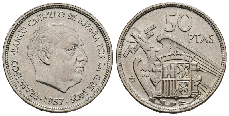 FRANCISCO FRANCO. 50 pesetas. 1957 *58. Madrid. Leyenda en el canto UNA LIBRE GR...