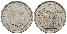 FRANCISCO FRANCO. 50 pesetas. 1957 *58. Madrid. Leyenda en el canto UNA LIBRE GRANDE. 12,56 g. 30,2 mm. VII-390.1. Pequeñas marcas. EBC-.