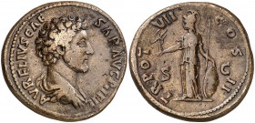 (153-154 d.C.). Marco Aurelio. Sestercio. (Spink 4815) (Co. 665) (RIC. 1314). 28,79 g. MBC.