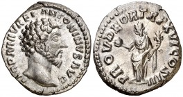 (162 d.C.). Marco Aurelio. Denario. (Spink 4925 var) (S. 519) (RIC. 50). 3,38 g. EBC-.