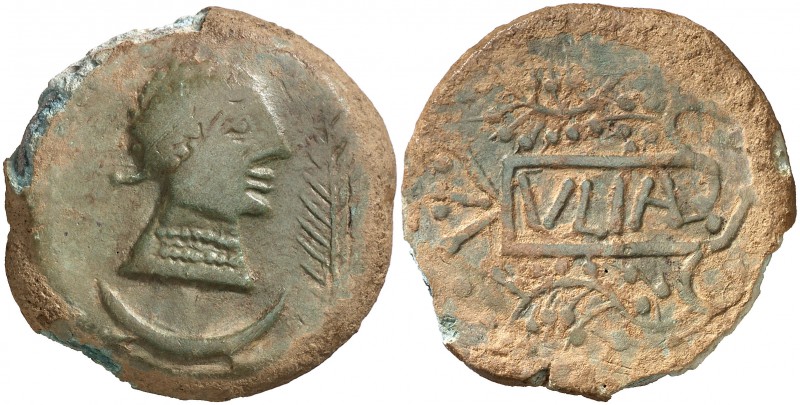 Ulia (Montemayor). As. (FAB. 2490) (ACIP. 2320). 18,14 g. Pátina verde, saltada ...