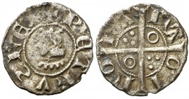 Pere III (1336-1387). Barcelona. Òbol. (Cru.V.S. 417 var) (Cru.C.G. 2239a var). 0,36 g. Letras A y U latinas. MBC.