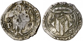 1598. Felipe II. Perpinyà. Doble sou. (Cal. 839) (Cru.C.G. 3806a). 3,06 g. Contramarca: cabeza de San Juan (realizada en 1603). MBC.