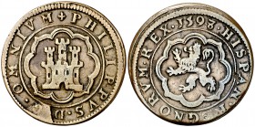 1598/7. Felipe II. Segovia. 4 maravedís. (Cal. 866 var) (J.S. B-9). 5,62 g. Sin indicación de ceca ni valor. Castillo con cuatro ventanas y tres almen...