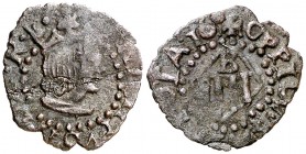 160 (sic). Felipe III. Banyoles. 1 diner. (Cal. falta) (Cru.C.G. 3657 var). 0,46 g. Grieta. Rara. (MBC).