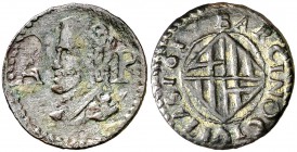 1617. Felipe III. Barcelona. 1 ardit. (Cal. 597) (Cru.C.G. 4345e). 1,45 g. Hoja en anverso. MBC-/MBC.