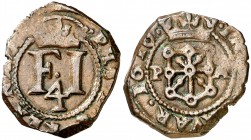1616. Felipe III. Pamplona. 4 cornados. (Cal. 731) (R.Ros 4.4.27 var.2). 3,29 g. Gráfila de puntos pequeños. Buen ejemplar. Rara así. MBC+.