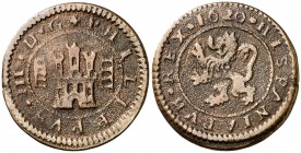 1620. Felipe III. Segovia. 4 maravedís. (Cal. 826) (J.S. D-256 var). 2,74 g. Las A de HISPANIARVM son V invertidas. Rara. MBC-.