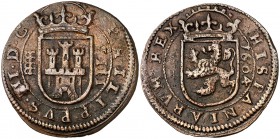 1604. Felipe III. Segovia. 8 maravedís. (Cal. 760). 5,91 g. Castillo con torres de 3 almenas. Escasa. MBC.