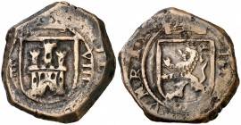 1618. Felipe III. Segovia. 8 maravedís. (Cal. 742) (J.S. tipo D28, falta var). 8,87 g. Acueducto vertical de tres arcos a derecha. Escasa. MBC-.