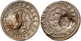 s/d (hacia 1603). Felipe III. 8 maravedís. (J.S. pág. 217). 6,72 g. Resello falso de época de valor 8, sobre 4 maravedís de Segovia de 1599 también fa...