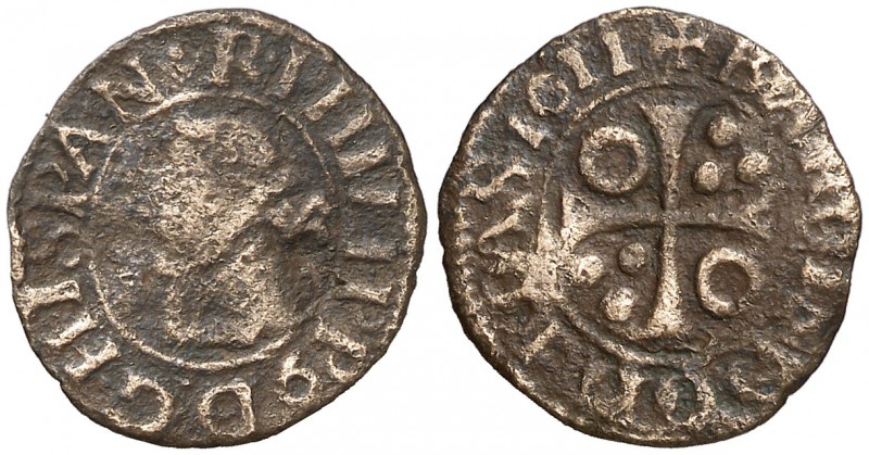 1611. Felipe III. Barcelona. 1/2 croat. 1,10 g. Cobre. ¿Falsa de época de muy bu...
