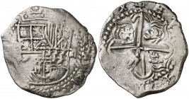 s/d (1612-1616). Felipe III. Potosí. ¿Q (Agustín De la Quadra)?. 2 reales. (Cal. ¿353?). 6,81 g. Visible el ordinal del rey. Valor en números góticos....