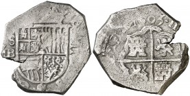 1603. Felipe III. Sevilla. B. 2 reales. (Cal. tipo 121m falta fecha). 6,77 g. Tipo "OMNIVM". Limpiada. Pequeño recorte. Escasa. (MBC-).