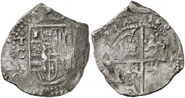 160(¿9?). Felipe III. Toledo. C. 2 reales. (Cal. tipo 128). 5,82 g. Tipo "OMNIVM". La fecha comienza a las 12h del reloj. Oxidaciones. Rara. BC.