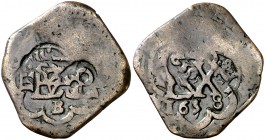 1658. Felipe IV. Burgos. (Cal. pág. 370) (J.S. K-6). 6,38 g. Resello de valor IIII sobre 8 maravedís de martillo, con resellos anteriores de 1652 de V...