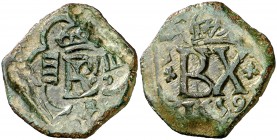 1659. Felipe IV. Burgos. (Cal. pág. 370) (J.S. K-9). 4,35 g. Resello de valor IIII sobre 8 maravedís de martillo. El resello ocupa toda la moneda. Esc...