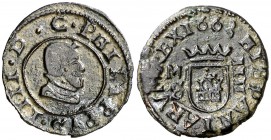 1663. Felipe IV. M (Madrid). S. 4 maravedís. (Cal. 1448). 0,95 g. Tres puntos sobre el busto. Buen ejemplar. MBC+.