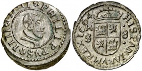 1664. Felipe IV. M (Madrid). S. 8 maravedís. (Cal. 1435). 1,59 g. Escasa así. EBC-/EBC.