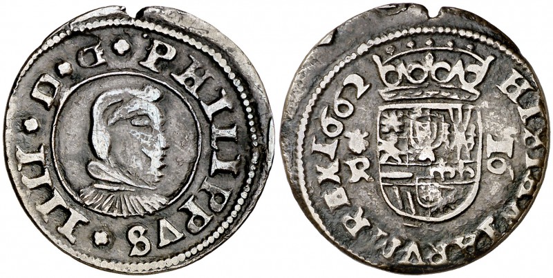 1662. Felipe IV. Coruña. R. 16 maravedís. (Cal. 1300). 4,77 g. Fecha en reverso....