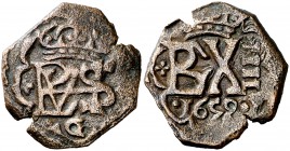 1659. Felipe IV. Granada. (Cal. pág. 370) (J.S. K-49). 5,08 g. Resello de valor IIII sobre 8 maravedís de martillo. El resello ocupa toda la moneda. M...