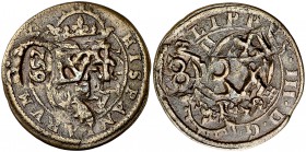 1659. Felipe IV. Valladolid. (Cal. pág. 370) (J.S. K-149). 5 g. Resello de valor 4 sobre 8 maravedís de Segovia 1617, con resellos anteriores de 1642 ...
