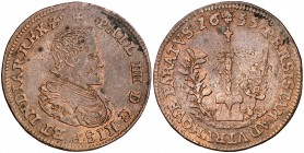 1655. Felipe IV. Bruselas. Guerra Anglo-española (1655-1660). Jetón. (Van Loon vol. II, pág. 396) (Dugniole 4074). 5,87 g. MBC+.