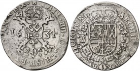 1634. Felipe IV. Tournai. 1 patagón. (Vti. 1121) (Vanhoudt 645.TO). 27,65 g. Limpiada. MBC-/MBC.