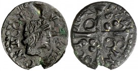 1642. Guerra dels Segadors. Barcelona. 1 diner. (Cal. 154) (Cru.C.G. 4557). 0,74 g. Lluís XIII. El 2 de la fecha al revés. Rara. MBC-.