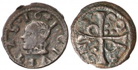 1641. Guerra dels Segadors. Solsona. 1 diner. (Cal. 214) (Cru.C.G. 4651). 0,84 g. Felipe IV. Cruz con roeles y puntos en los espacios. Escasa. MBC-.